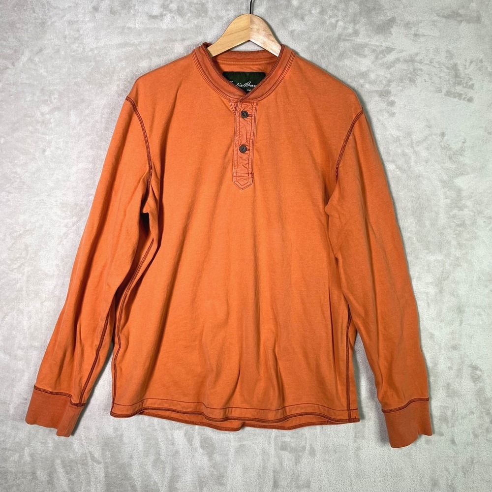 Eddie Bauer Henley Shirt Mens L Orange Long Sleeve Outdoor Hiking Grandpa Y2K